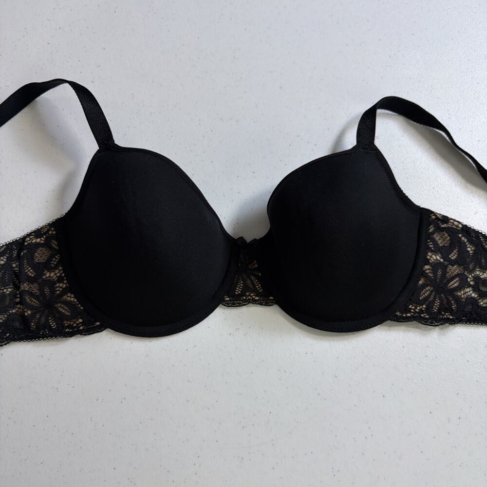 Wacoal Bra All Dressed Up Lined T Shirt Underwire Lace Wings 853166 Black Sz 38B